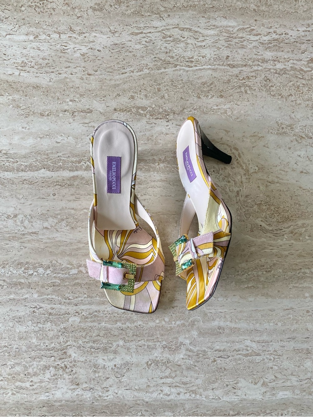 Vintage Emilio Pucci Velvet Print Crystal Buckle Sandal Heels